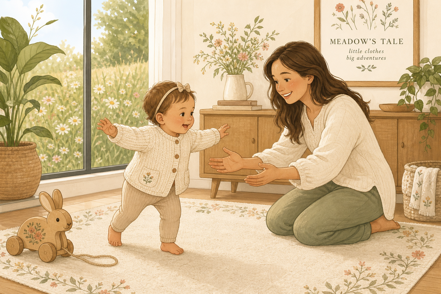 Ilustracja: maluch stawia pierwsze kroki na domowym dywanie, mama klęczy obok z wyciągniętymi rękami. Ciepła, rysowana ilustracja w stylu książeczki dla dzieci.